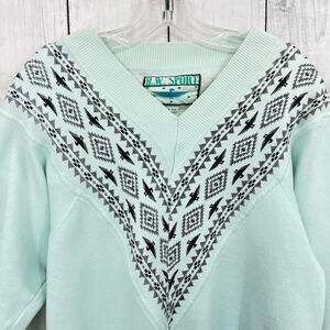 VINTAGE 80's Bee Wear Sport One Size Pastel Mint Green Native 3/4 Sleeve Sweater